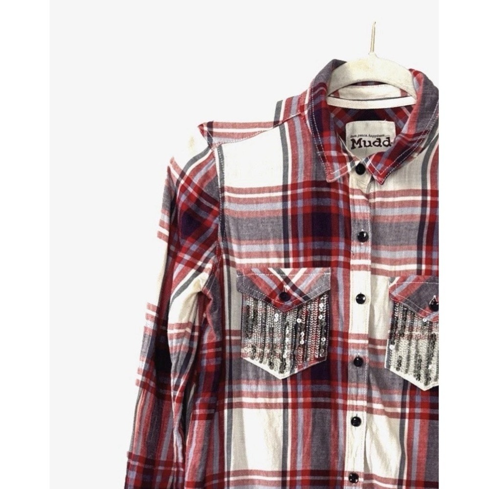 VTG Y2K Top Mudd Small Plaid Button Down Shirt Western Rodeo Cowgirl Sequin Glam